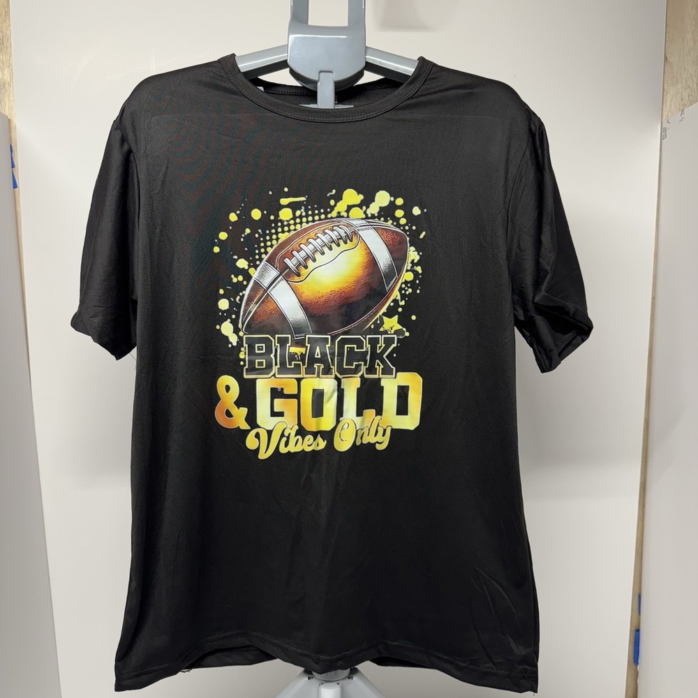 Men's Black Gold "Vibes Only" Football Graphic Crew Neck Short Sleeve T-Shirt XL